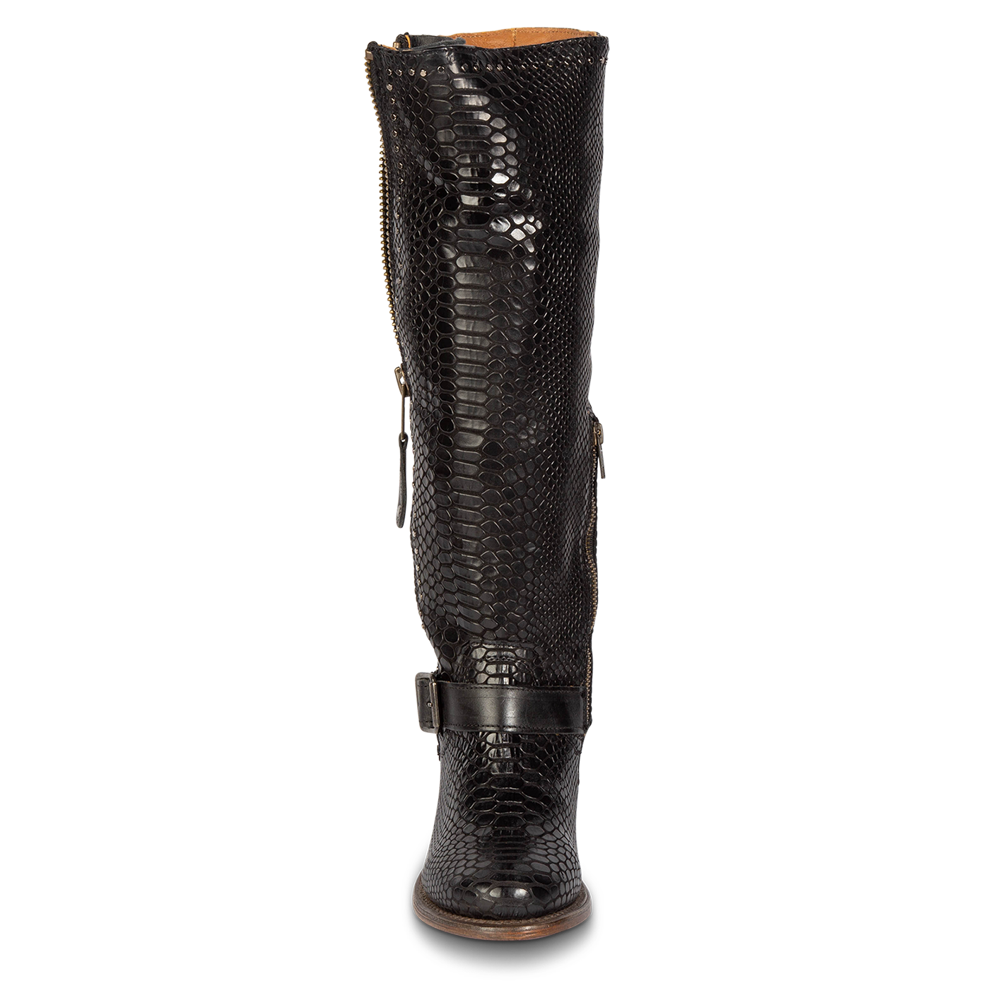 Front view showing tall shaft construction and ankle strap with stud detailing on FREEBIRD women's Carson black snake tall leather boot