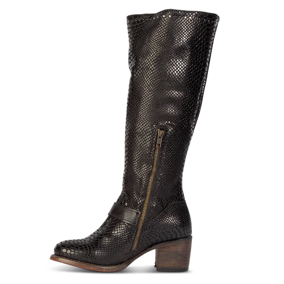 Inside view metal zipper and stud detailing on FREEBIRD women's Carson black snake tall leather boot