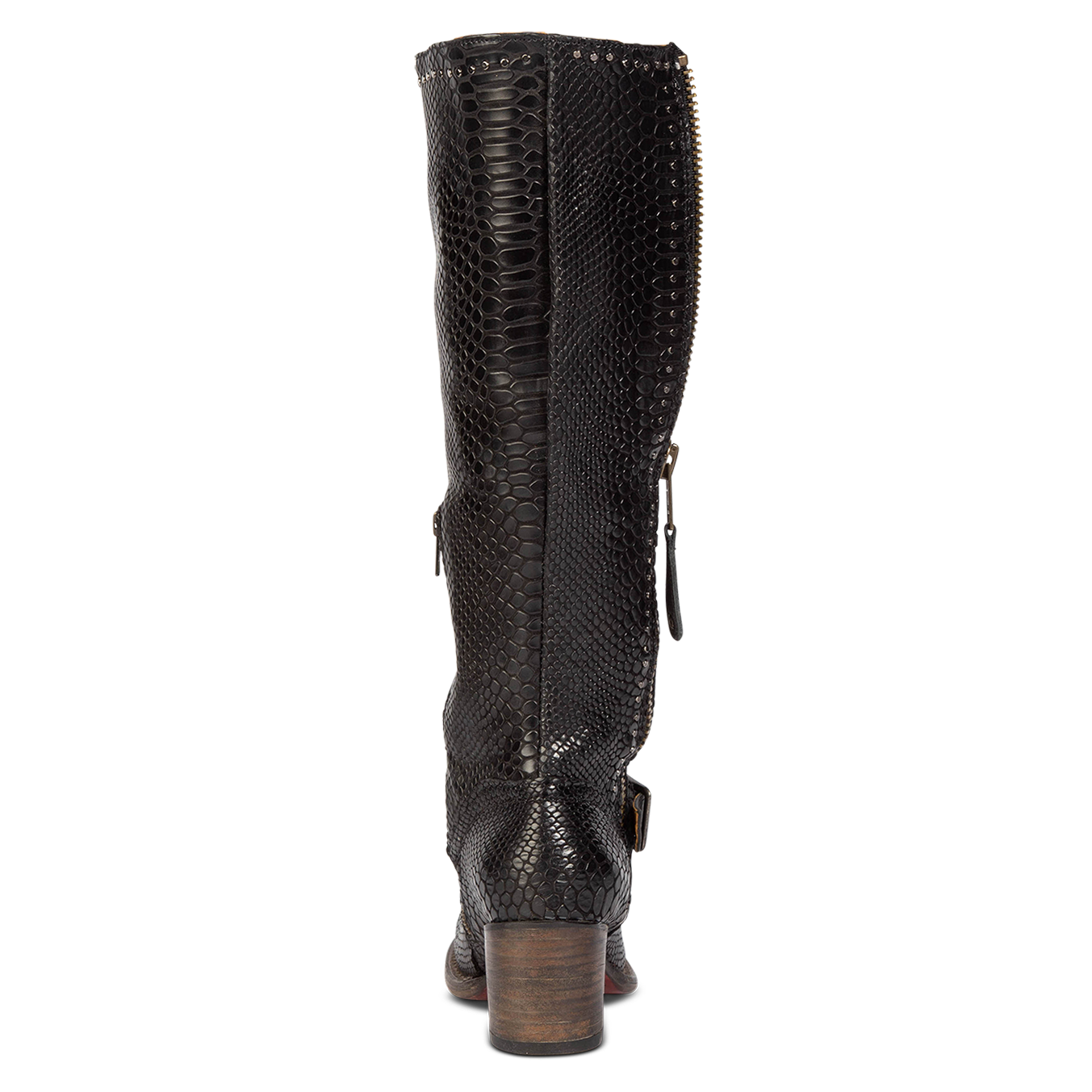 Back view showing tall shaft construction and stacked wooden heel on FREEBIRD women's Carson black snake tall leather boot