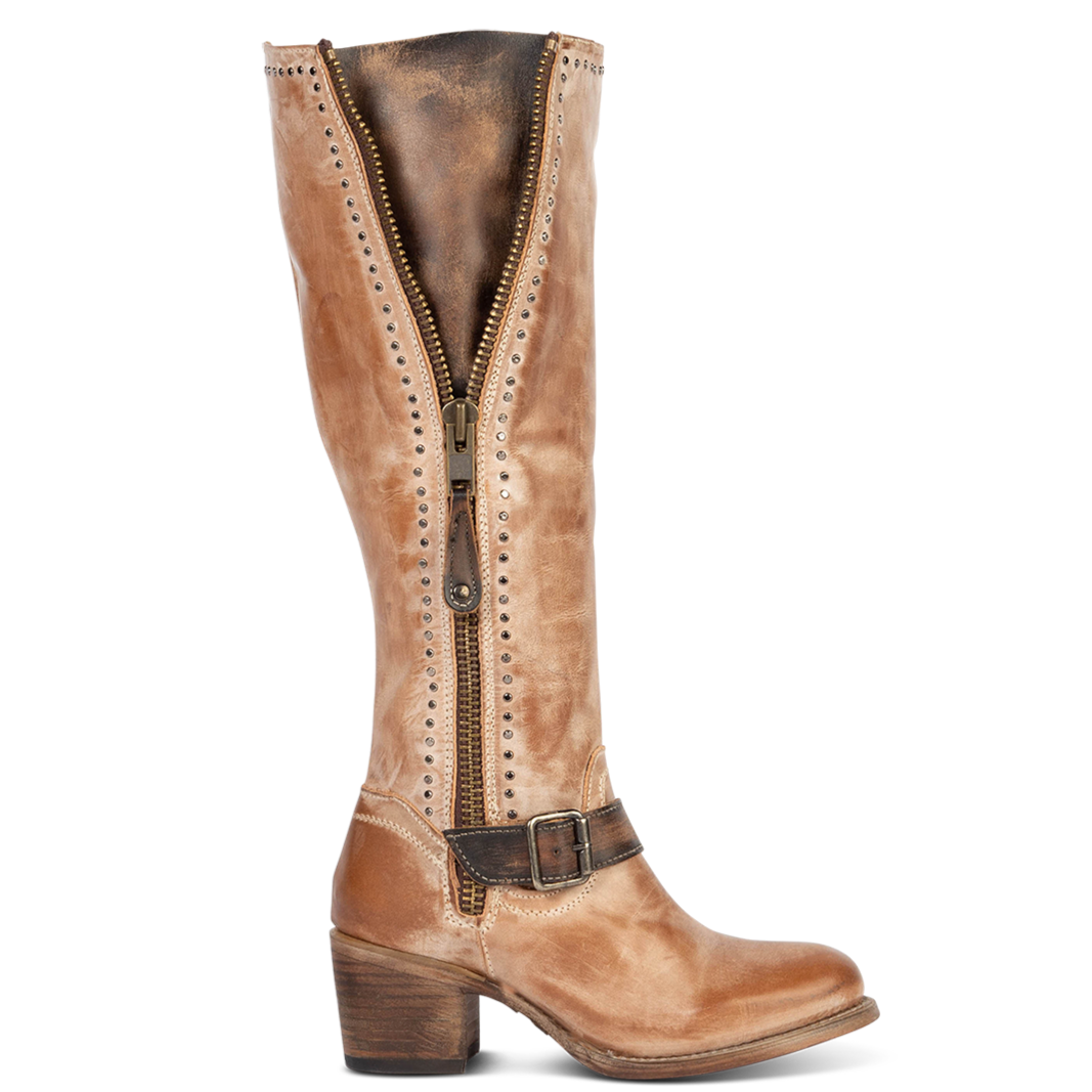 FREEBIRD women's Carson taupe tall boot with metal zipper, stud detailing, and ankle strap