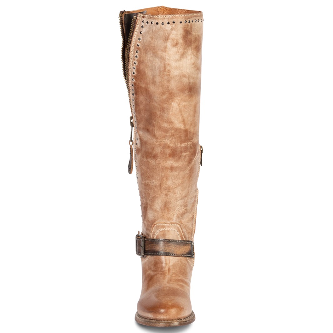 Front view showing tall shaft construction and ankle strap with stud detailing on FREEBIRD women's Carson taupe tall leather boot