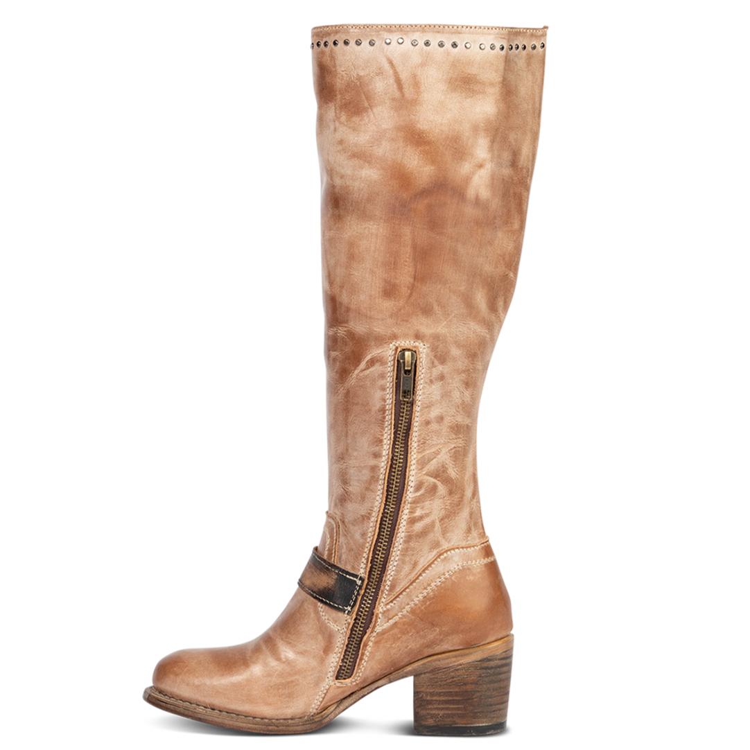 Inside view metal zipper and stud detailing on FREEBIRD women's Carson taupe tall leather boot