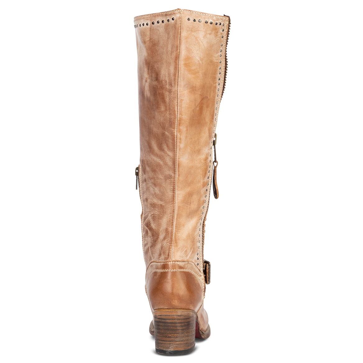 Back view showing tall shaft construction and stacked wooden heel on FREEBIRD women's Carson taupe tall leather boot