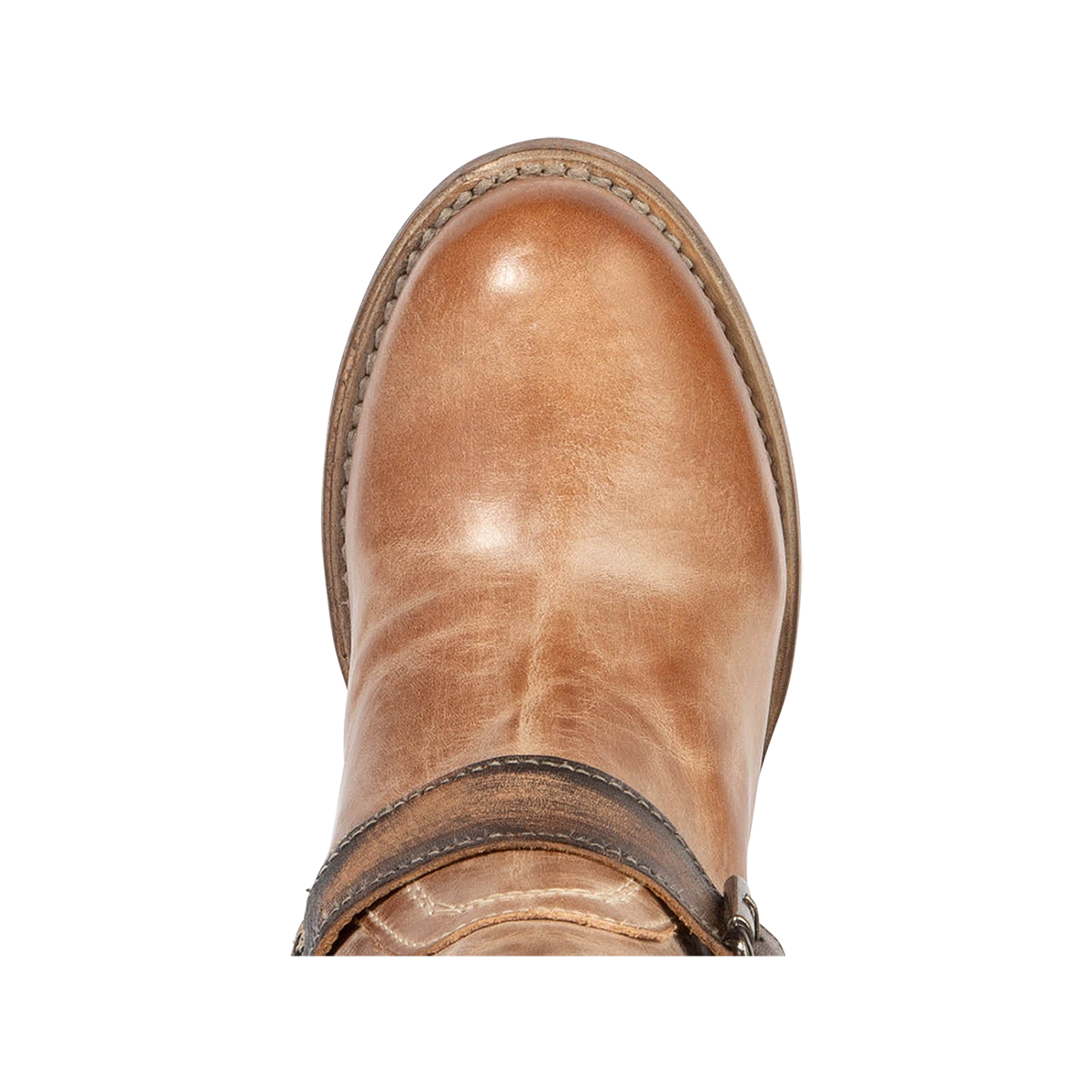 Top view showing almond toe construction on FREEBIRD women's Carson taupe tall leather boot