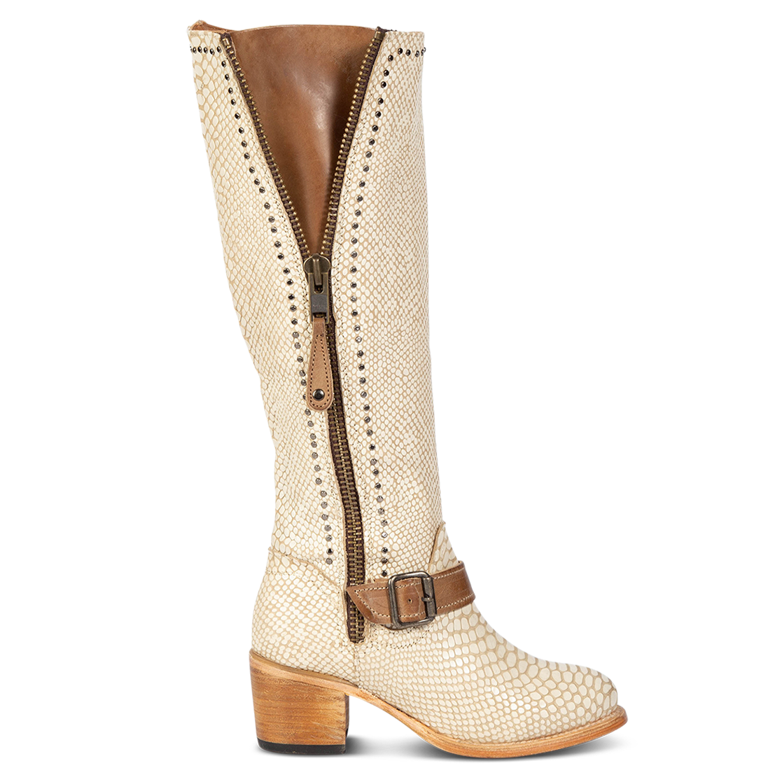 FREEBIRD women's Carson white snake tall boot with metal zipper, stud detailing and ankle strap