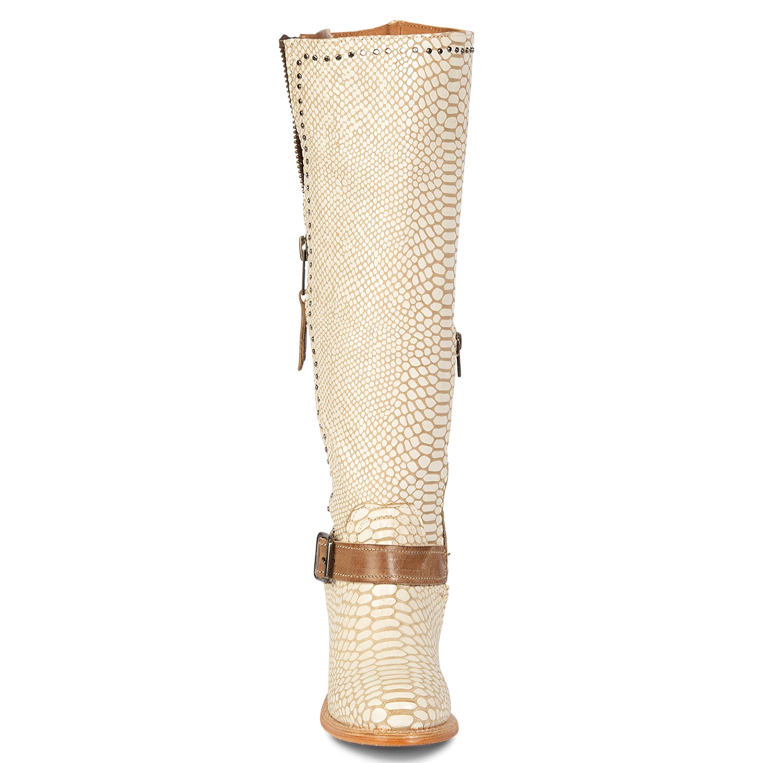 Front view showing tall shaft construction and ankle strap with stud detailing on FREEBIRD women's Carson white snake tall leather boot