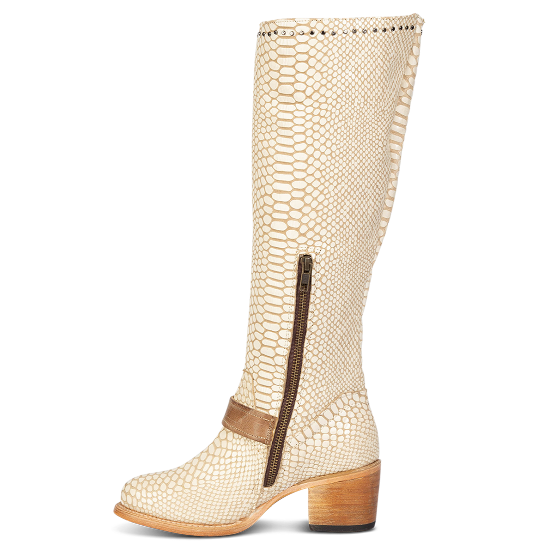 Inside view metal zipper and stud detailing on FREEBIRD women's Carson white snake tall leather boot