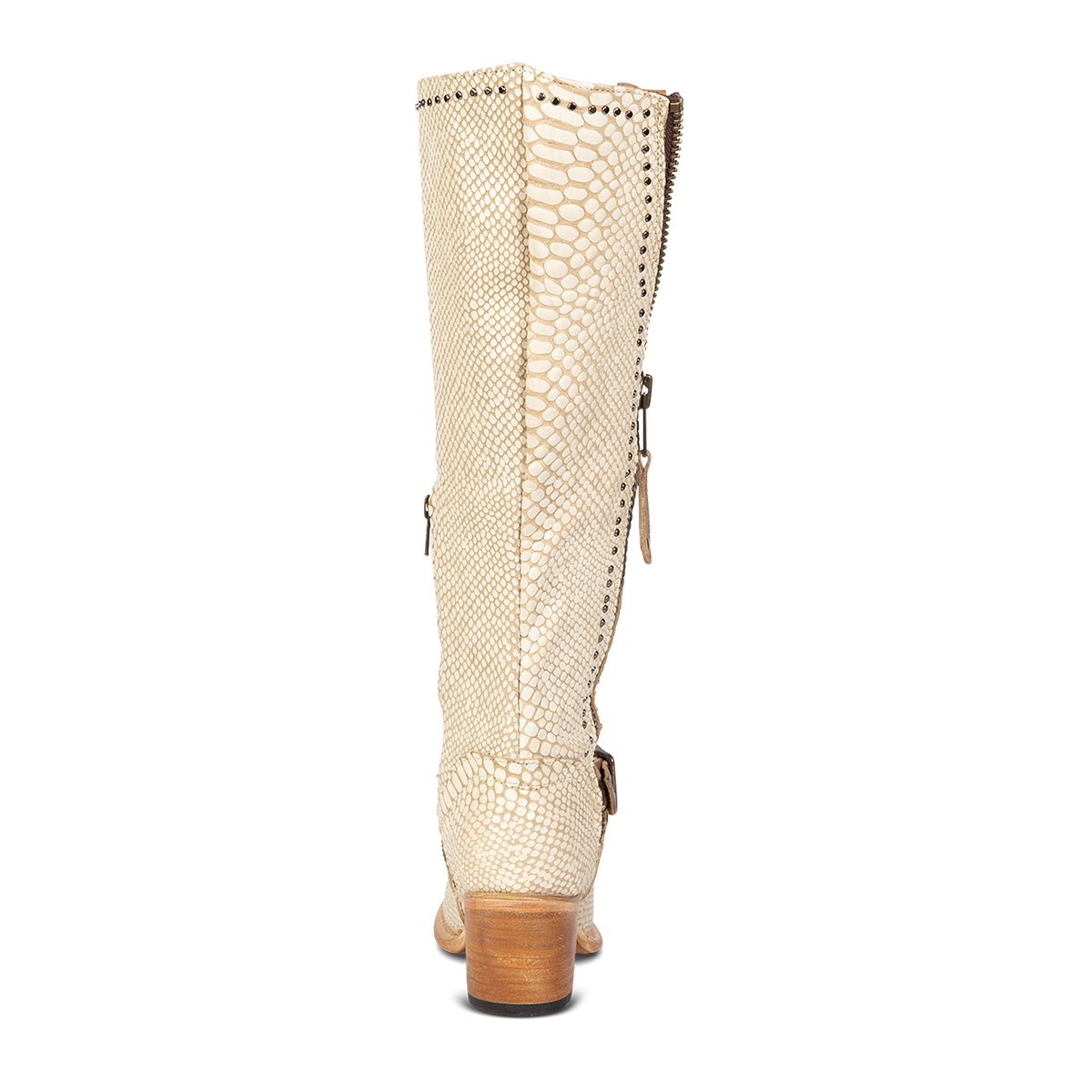 Back view showing tall shaft construction and stacked wooden heel on FREEBIRD women's Carson white snake tall leather boot