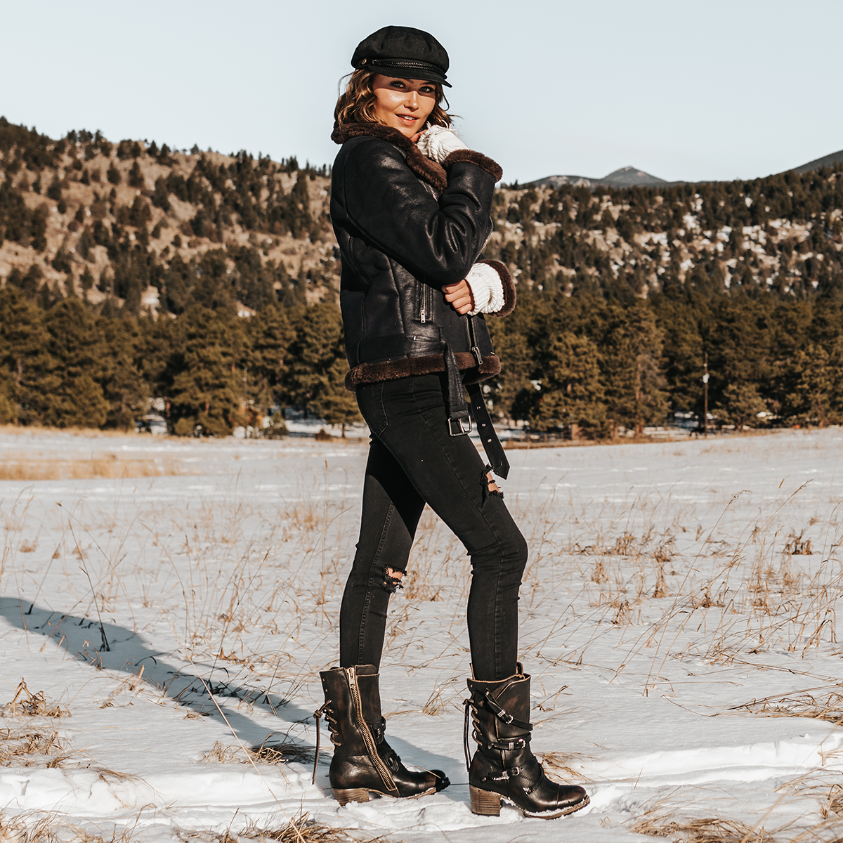 FREEBIRD women’s Cora black slouchy back lacing leather boot with adjustable straps and buckles lifestyle