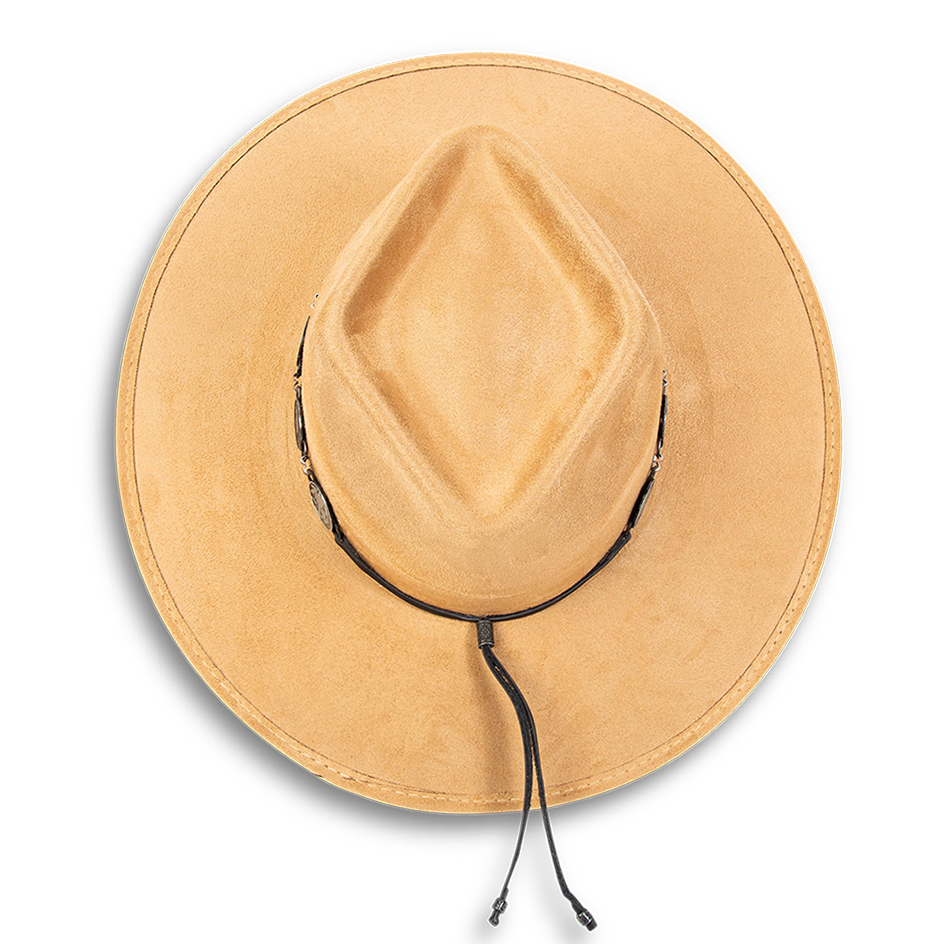 Gemini camel top view showing diamond-shaped crown on FREEBIRD flat wide brim hat featuring metal coin band