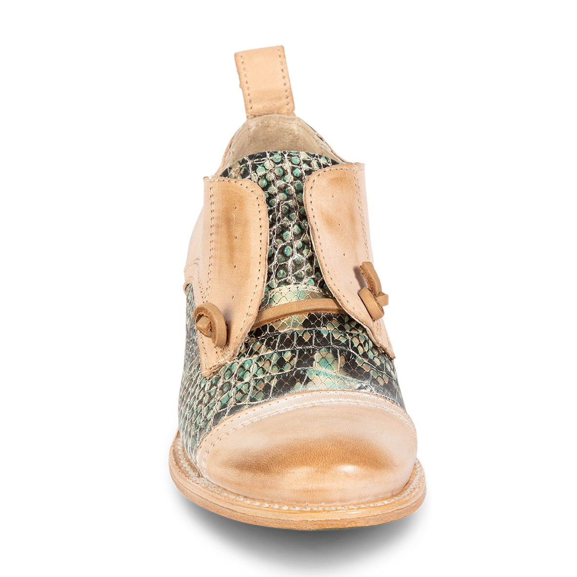 Front view showing decorative knotted leather lace and hidden elastic around tongue on FREEBIRD women's Mabel turquoise multi shoe