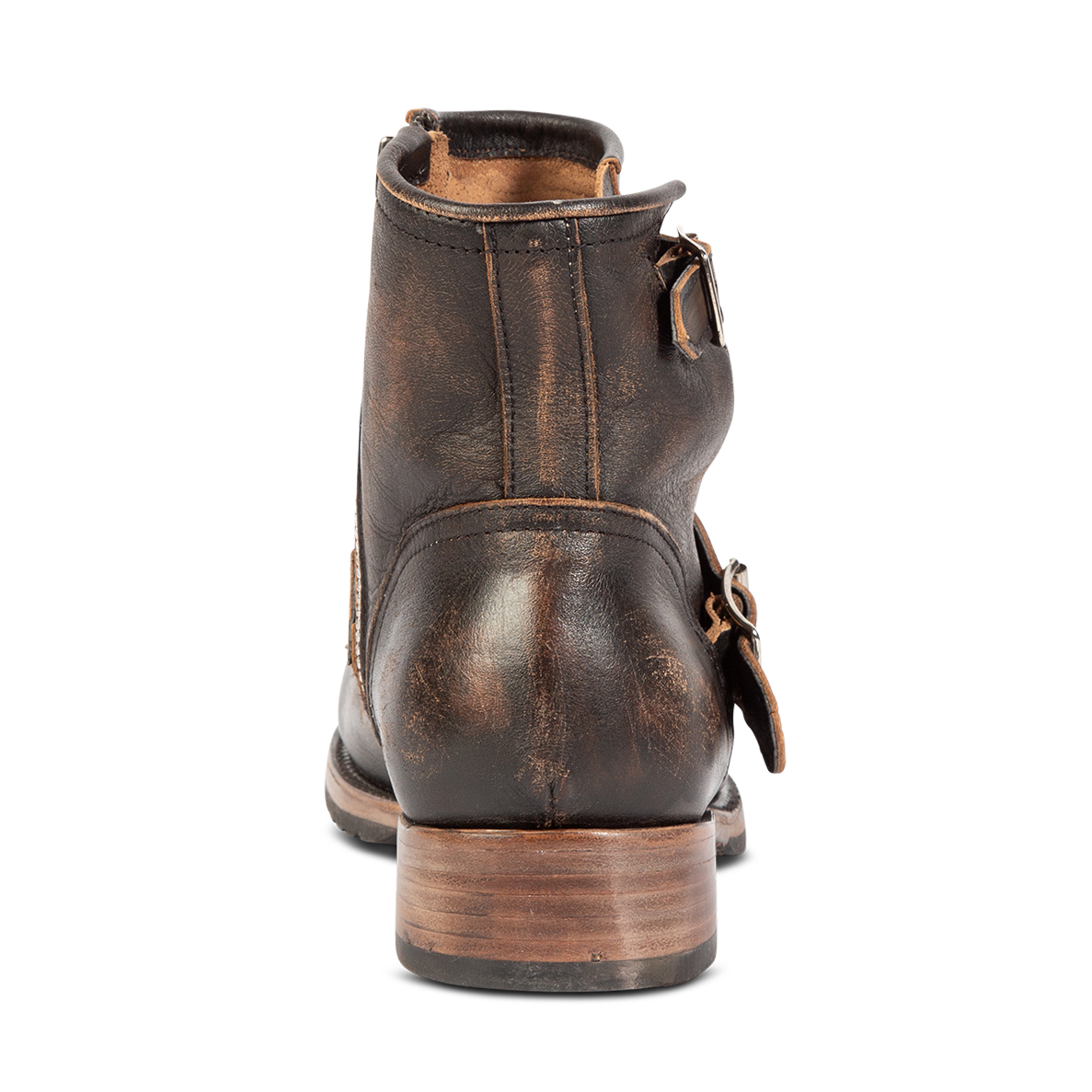 Back view showing low heel and buckle strap detail on FREEBIRD men's Railroad black distressed ankle boot