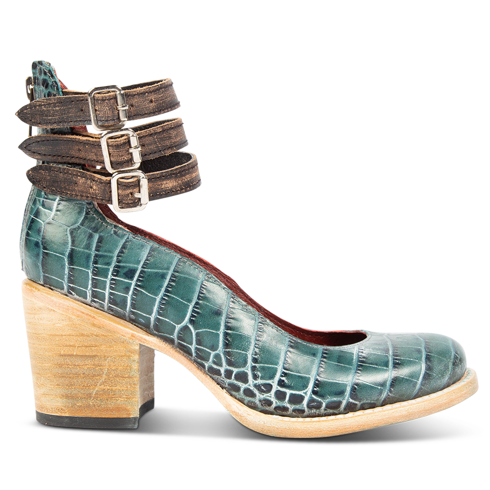 FREEBIRD women's Randi turquoise croco embossed leather open construction ankle strap heel with adjustable rustic buckles