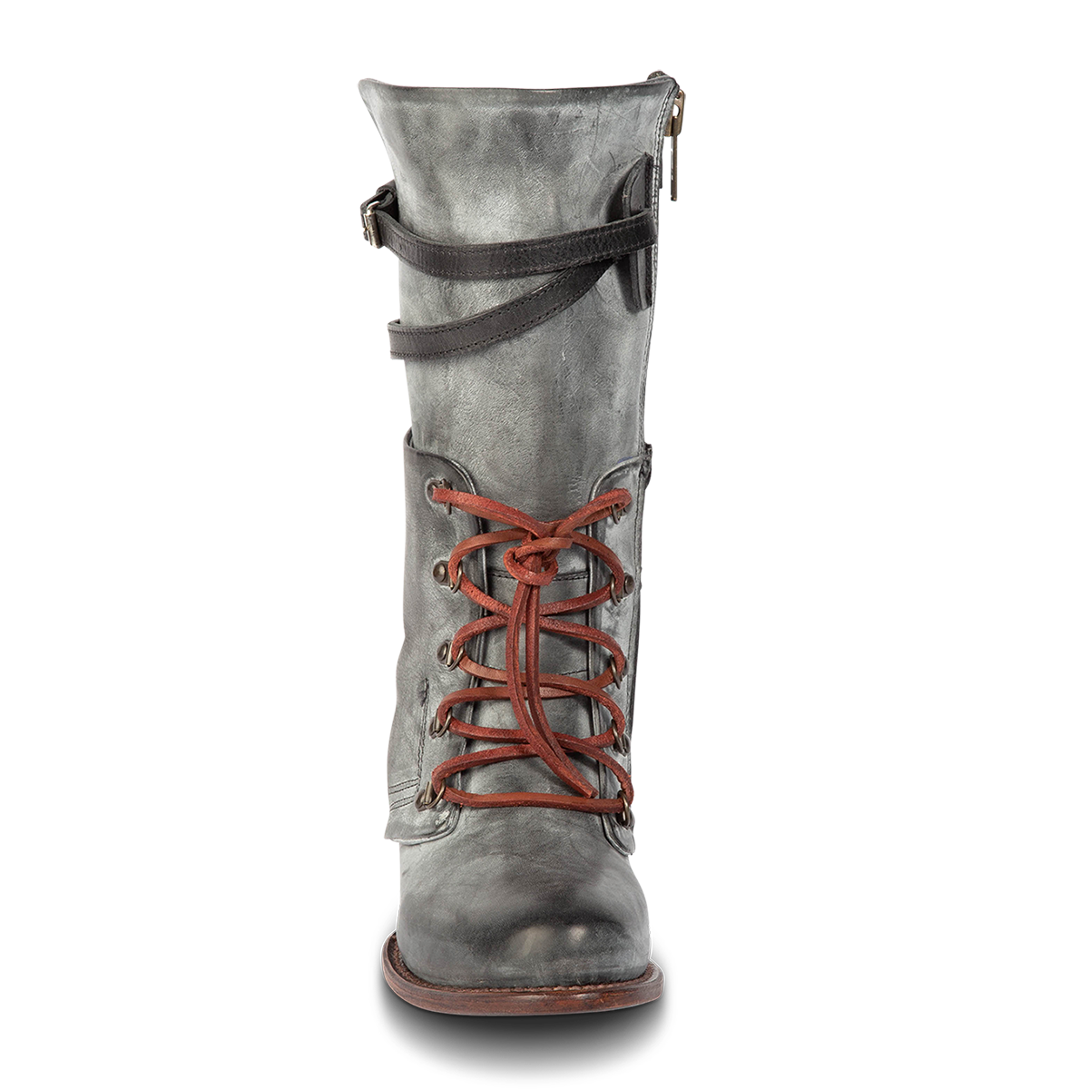 Front view showing leather lacing and contrasting leather shaft straps on FREEBIRD women's Ravi black mid calf leather boot