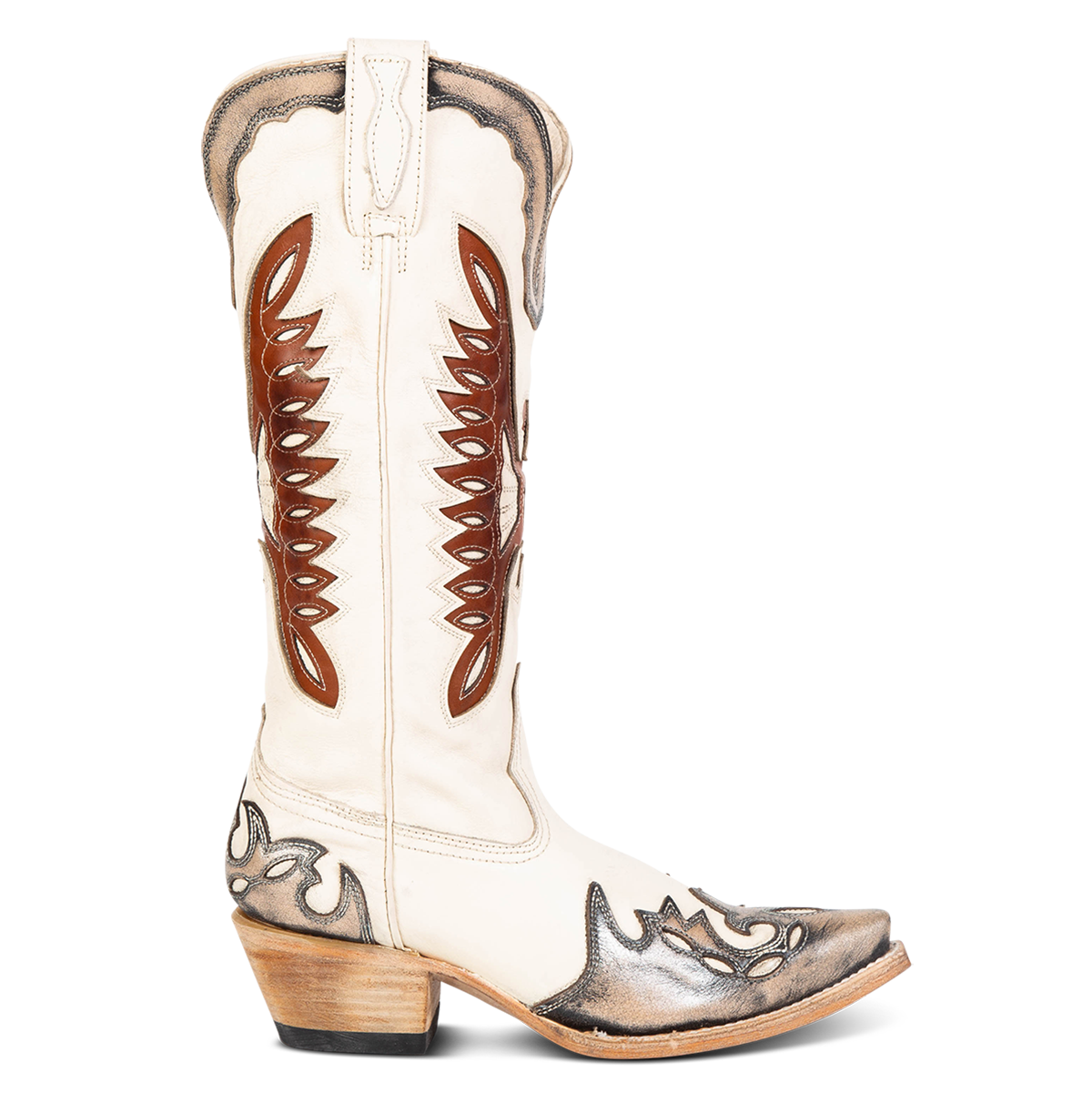 FREEBIRD women's Willie pewter cognac multi leather western boot with textured design, stitch detailing, and snip toe construction