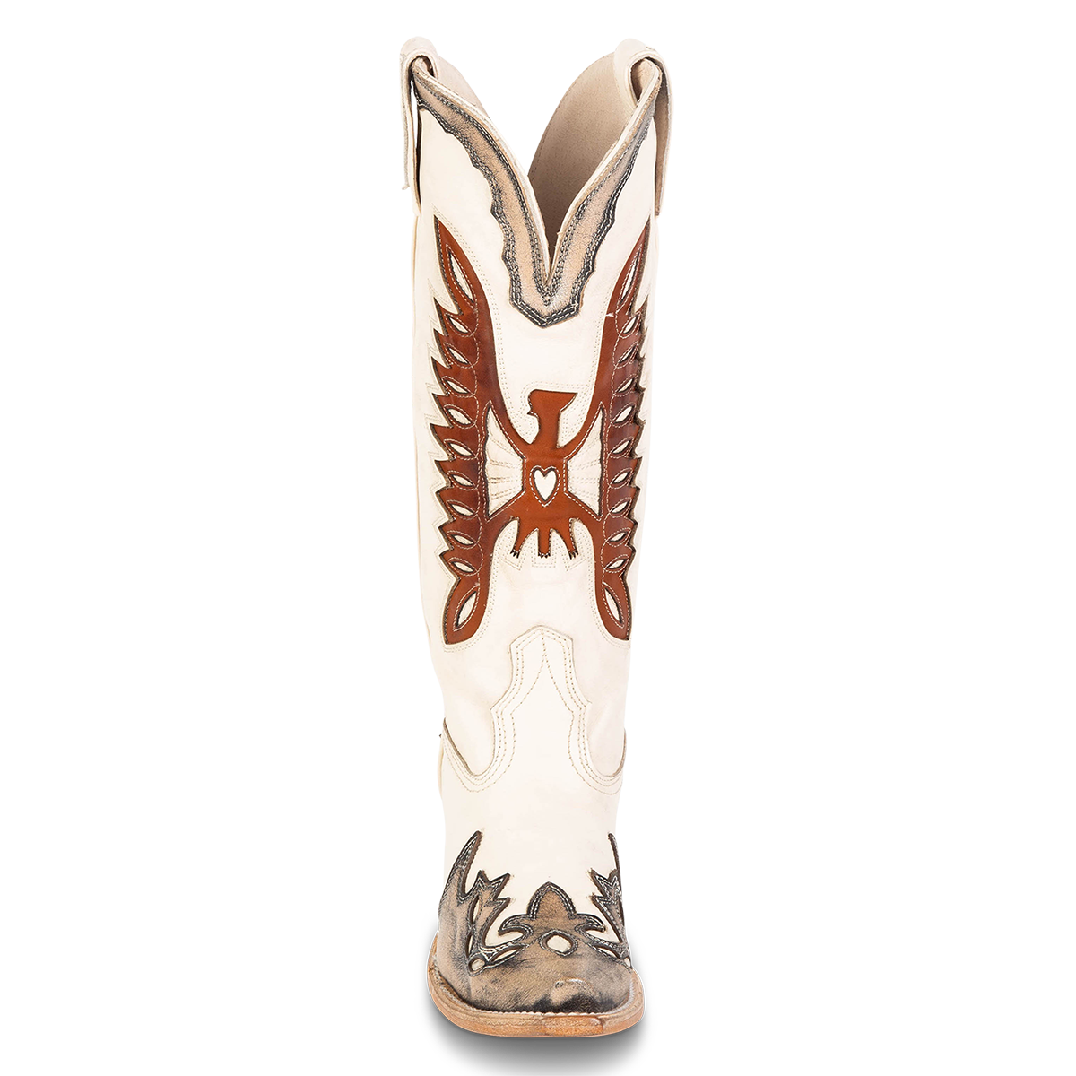 Front view showing textured bird design, stitch detailing and front dip on FREEBIRD women's Willie pewter cognac multi western leather boot