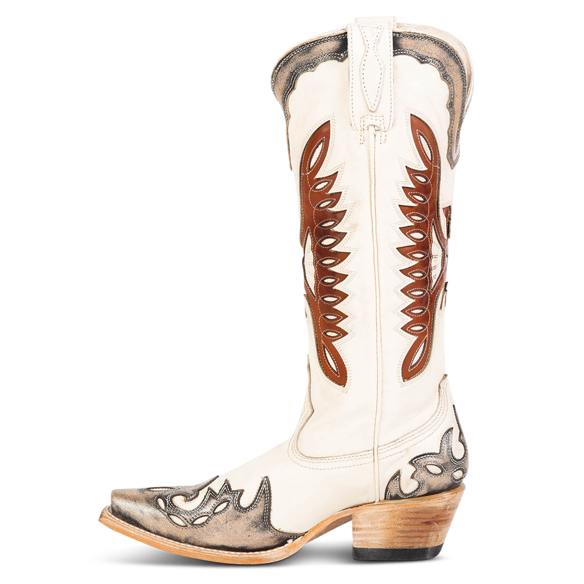 Side view showing textured design, stitch detailing and pull straps on FREEBIRD women's Willie pewter cognac multi western leather boot