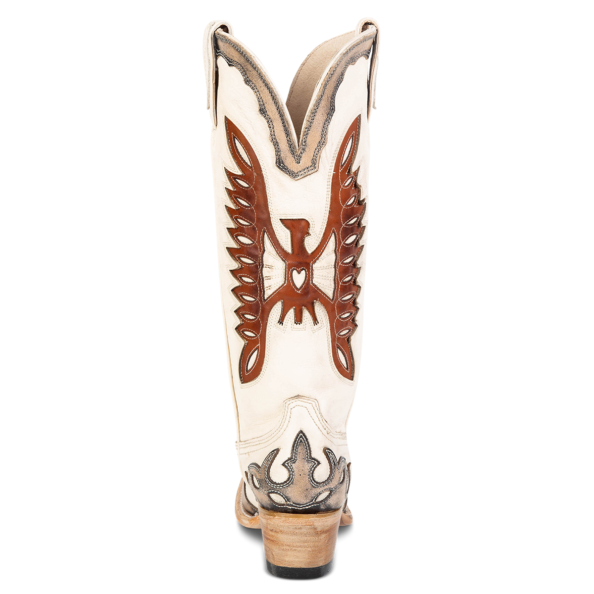 Back view showing textured bird design, stitch detailing and back dip on FREEBIRD women's Willie pewter cognac multi western leather boot