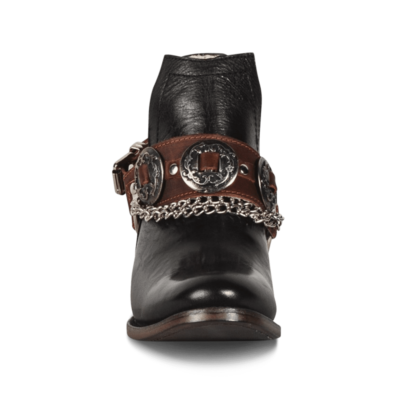 Front view showing western embellished ankle belt with silver hardware on FREEBIRD women's Mystic black bootie 