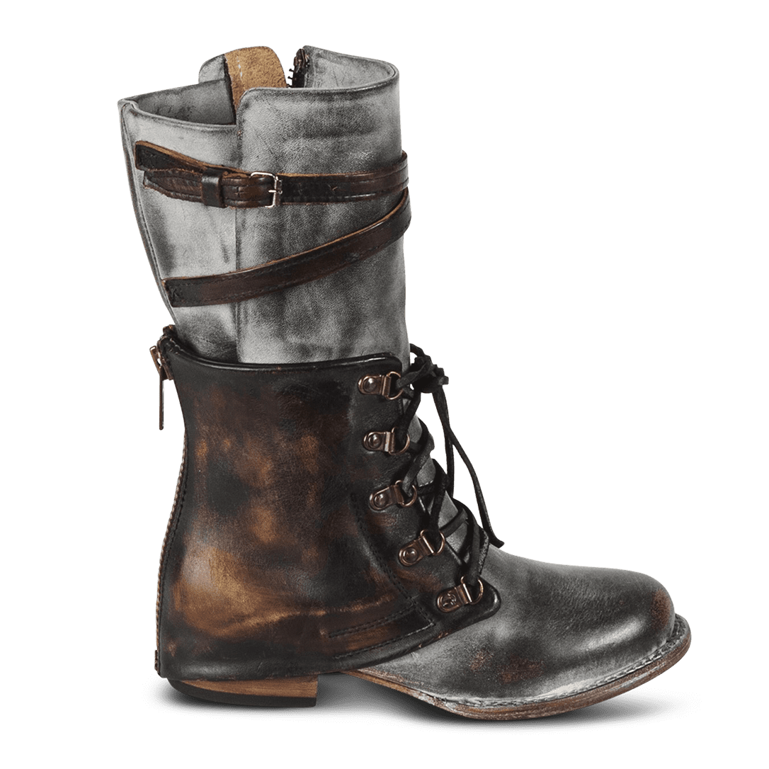 FREEBIRD women's Ravi ice two-toned leather front lacing inner zip closure mid calf boot