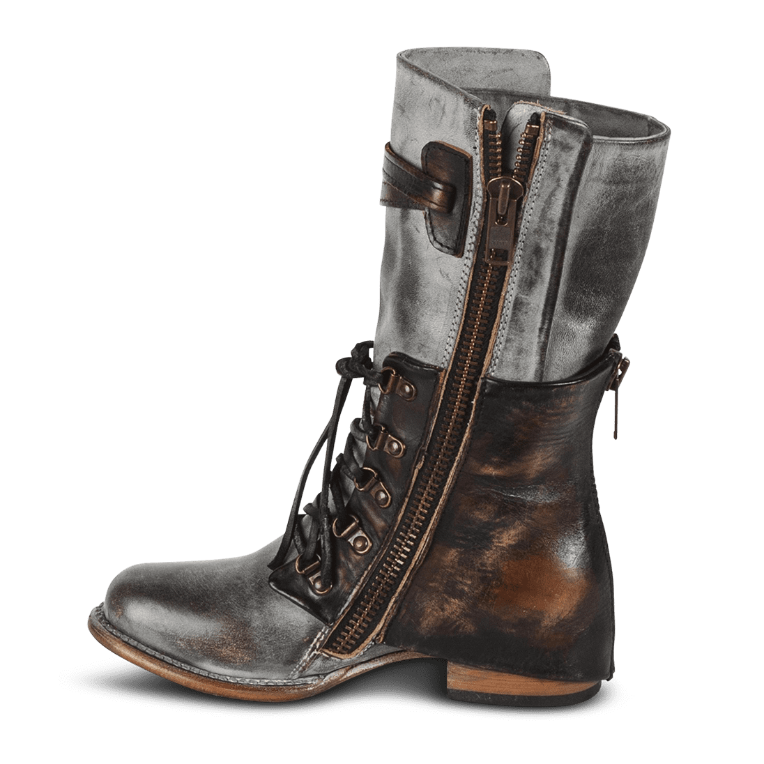 Inside view showing working brass zip closure and overlay leather construction on FREEBIRD women's Ravi ice mid calf leather boot