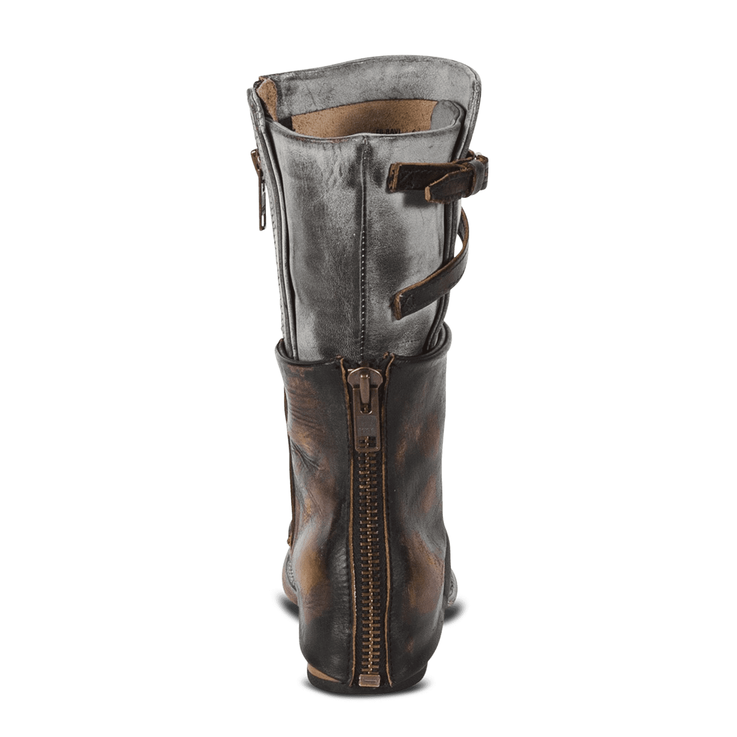 Back view showing decorative brass zip detailing on FREEBIRD women's Ravi ice mid calf leather boot